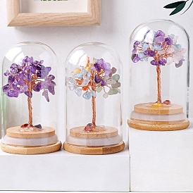Natural Gemstone Chips Tree Decorations, Wooden & Glass Base with Copper Wire Feng Shui Energy Stone Gift for Home Office Desktop Decoration