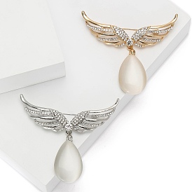 Alloy and Clear Rinestone Wings Brooch, with Cat Eye Teardrop