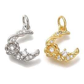 Rack Plating Brass Micro Pave Cubic Zirconia Charms, Cadmium Free & Lead Free, Long-Lasting Plated, Moon