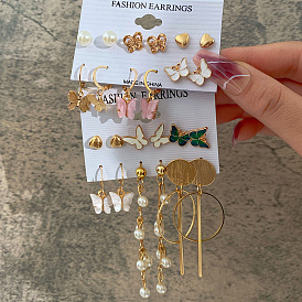 Circle Tassel Earrings Set with Butterfly Pearl Earrings - Elegant, Creative, 6 Pieces.