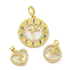 Rack Plating Brass Micro Pave Cubic Zirconia Pendants, with Natural Shell, Cadmium Free & Lead Free, Long-Lasting Plated, Real 18K Gold Plated