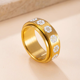 304 Stainless Steel Enamel Rotatable Finger Rings, Flower/Star, Spinner Rings, White