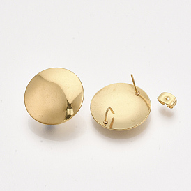 201 Stainless Steel Stud Earring Findings, 304 Stainless Steel Pins, with Loops and Ear Nuts, Flat Round