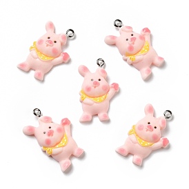 Opaque Resin Pendants, with Platinum Tone Iron Loops, Pig with Yellow Scarf