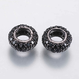 Brass Micro Pave Cubic Zirconia Beads, Rondelle, Black