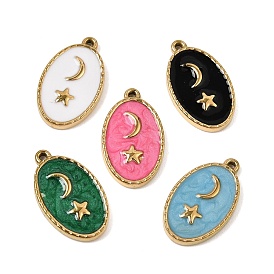 303 Stainless Steel Enamel Pendants, Oval with Moon Star Charms, Ion Plating(IP), Golden