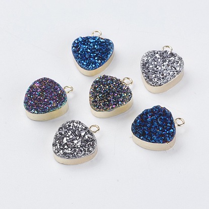 Natural Druzy Agate Charms, with Golden Plated Brass Findings, Triangle