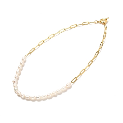 Vintage Natural Pearl Beaded Necklace for Birthday Mother's Day Gift, Golden Brass Paperclip Chain Necklace
