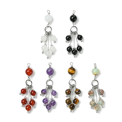 6 шт. 6 стили смешанные камни круглые кисточки большие подвески, синтетическая аква-терра яшма и натуральный черный оникс (окрашенный и нагретый) и сердолик и белый нефрит и аметист и тигровый глаз, с 304 фурнитурой из нержавеющей стали