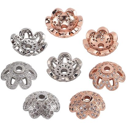 Eco-Friendly Multi-Petal Flower Brass Micro Pave Clear Cubic Zirconia Bead Caps, Lead Free & Nickel Free