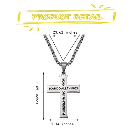 Titanium Steel Cross with Philippians 4:13 Pendant Necklace, Religion Jewelry for Men Women