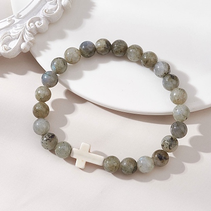 Браслеты из натурального лабрадорита и синтетической бирюзы., эластичные браслеты для женщин и мужчин, круглый и крест