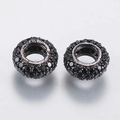Brass Micro Pave Cubic Zirconia Beads, Rondelle, Black