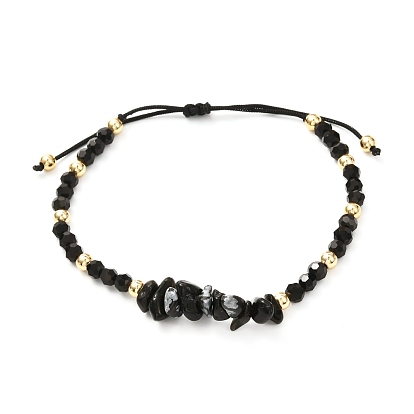 Stone Braided Bead Bracelet for Girl Women, Snowflake Obsidian Chip & Glass & Brass Beads Bracelet, Golden
