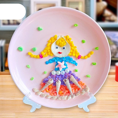Peinture de pâte de disque de conque de coquille de modèle de princesse de bricolage pour des enfants, y compris coquille, perles et assiette en plastique, pinceau et colle