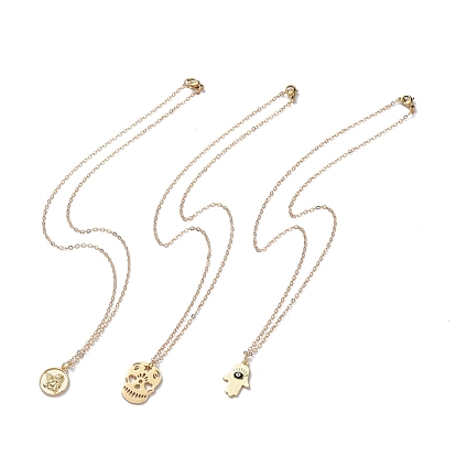 Brass Pendant Necklaces Sets, with Enamel, Cable Chains and 304 Stainless Steel Lobster Claw Clasps, Sugar Skull & Angel & Hamsa Hand