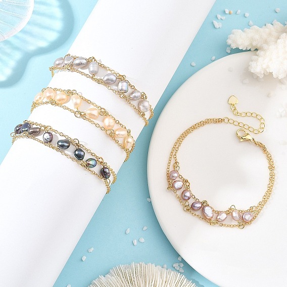 Brass Cable Chains Bracelets, 304 Stainless Steel Natural Cultured Freshwater Pearl Link Bracelets, Nuggets, Golden