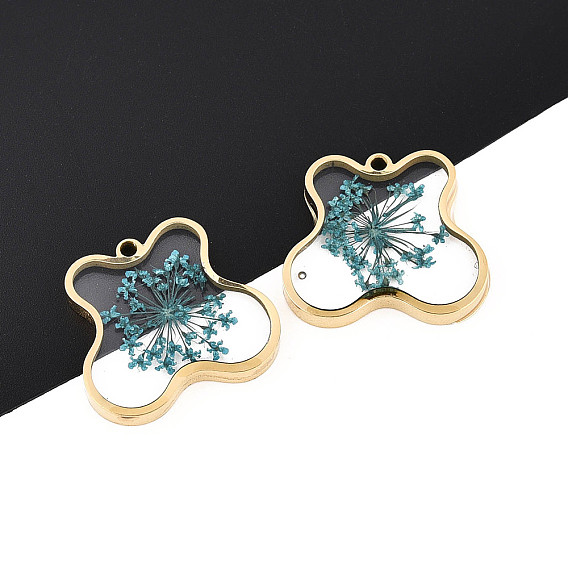 304 подвески из нержавеющей стали с эпоксидной смолой, бабочка с сухоцветом, ионное покрытие (ip), реальный 18 k позолоченный