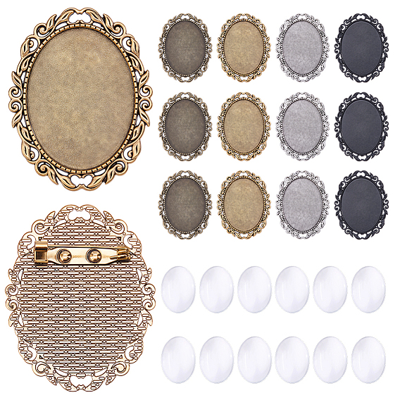 DIY Oval Brooch Making Kits, including 12Pcs Alloy Brooch Cabochons Settings, 12Pcs Glass Cabochons