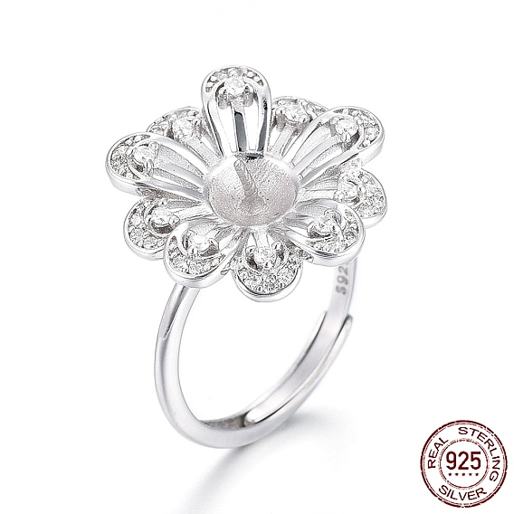Adjustable 925 Sterling Silver Finger Design Ring Mounts Fittings with Pearl Seat, For Half Drilled Beads, with Cubic Zirconia, Flower, with 925 Stamp