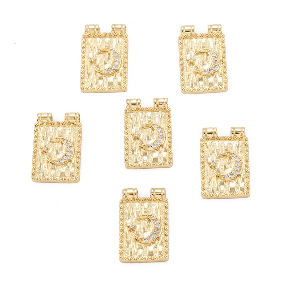 Brass Micro Pave Cubic Zirconia Pendant, Long-Lasting Plated, Rectangle with Moon