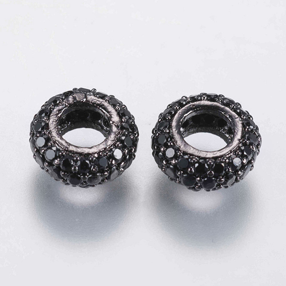 Brass Micro Pave Cubic Zirconia Beads, Rondelle, Black