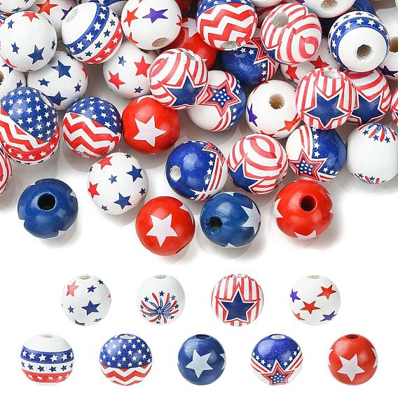 90Pcs 9 Styles Printed Wood European Beads, Round