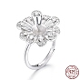 Adjustable 925 Sterling Silver Finger Design Ring Mounts Fittings with Pearl Seat, For Half Drilled Beads, with Cubic Zirconia, Flower, with 925 Stamp