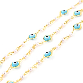 Handmade Glass Beaded Chains, with Textured Rhombus Link Chains, Long-Lasting Plated, Soldered, with Spool, Round Imitation Pearl & Flat Round with Evil Eye, Golden