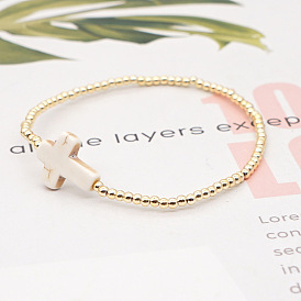 Minimalist White Turquoise Cross Bracelet for Women with Acrylic Gold Beads