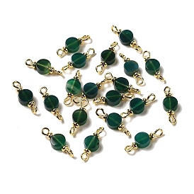 Dyed Natural Green Agate Connector Charms, Flat Round Links with Real 18K Gold Plated Brass Double Loops