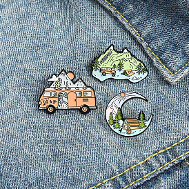 Wilderness-inspired Cartoon Badge Set for Fashion Accessories: Mountains, Cars, Moon & More!