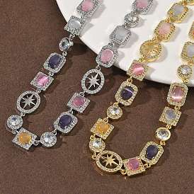 Теннисные ожерелья из латуни с микропаве из прозрачных кубических цирконий и разноцветными камнями кошачий глаз в форме прямоугольника, квадрата, овала, стойки покрытие, долговечный, без кадмия и без свинца