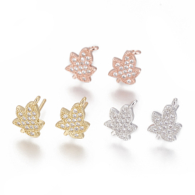 Autumn Theme Brass Stud Earring Findings, with Cubic Zirconia and Loop, Maple Leaf, Clear