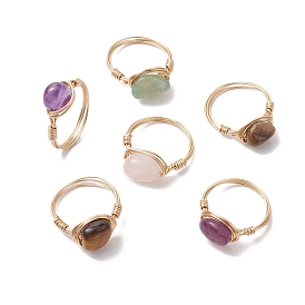 Nuggets Natural Gemstone Finger Rings, Copper Wire Wrapped Ring for Women