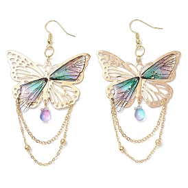 Серьги-подвески из стекла, железа и смолы, с фурнитурой латунной для серег, бабочка