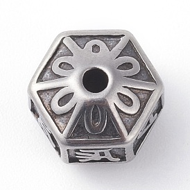 316 Surgical Stainless Steel Beads, Hexagon with Flower
