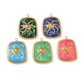 304 подвески из нержавеющей стали, эпоксидной смолы, с натуральными ракушками и пайетками внутри, прямоугольник с солнечными чарами, реальный 18 k позолоченный, вакуумное покрытие pvd