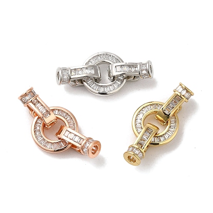Rack Plating Brass Pave Clear Cubic Zirconia Round Fold Over Clasps, Lead Free & Cadmium Free, Long-Lasting Plated