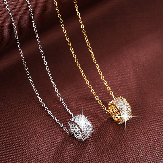 Brass Micro Pave Clear Cubic Zirconia Column Pendant Necklaces for Women