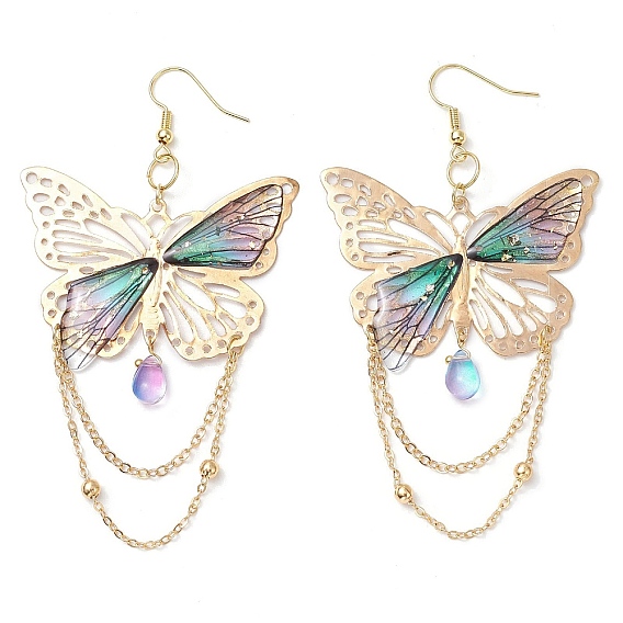 Серьги-подвески из стекла, железа и смолы, с фурнитурой латунной для серег, бабочка
