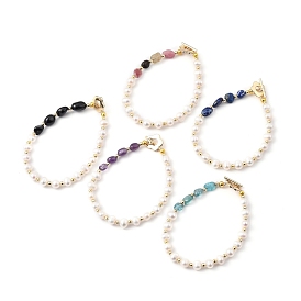 Natural Cultured Freshwater Pearl Beaded Bracelets, with Natural Gemstone Beads, Golden Plated Brass Beads and Flower Toggle Clasps