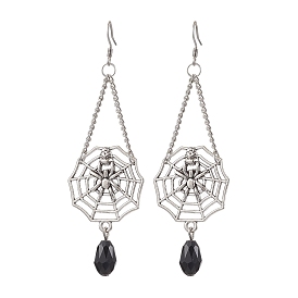 Halloween Themed Spider Alloy Dangle Earrings, with 304 Stainless Steel Earring Hooks, Glass Beads and Iron Twisted Chains