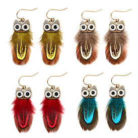 Feather Owl Dangle Earrings, Gold Plated Alloy Jewelry for Women
