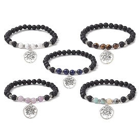 Bracelet extensible à perles rondes en pierre de lave naturelle et mélange de pierres précieuses, avec breloques arbre de vie en alliage