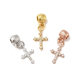 Rack Plating Brass Micro Pave Clear Cubic Zirconia Pendants, Long-Lasting Plated, Cadmium Free & Lead Free, Cross