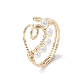 Copper Wire Wrapped Natural Cultured Freshwater Pearl Open Ring, Heart Cuff Finger Ring for Women