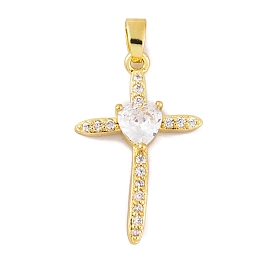 Rack Plating Brass Micro Pave Clear Cubic Zirconia Pendants, Long-Lasting Plated, Lead Free & Cadmium Free, Cross