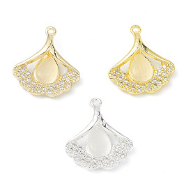 Rack Plating Brass Pave Cubic Zirconia with Cat Eye Pendants, Cadmium Free & Lead Free, Long-Lasting Plated, Ginkgo Leaf with Teardrop Pattern Charm