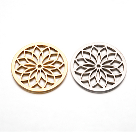 Flat Round with Flower 304 Stainless Steel Beads, 35mm, Hole: 2mm